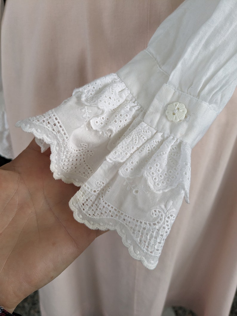 Vintage Ruffled Poet Blouse, Medium Large, White Cotton Button Blouse with Eyelet Ruffle Collar and Cuffs image 6