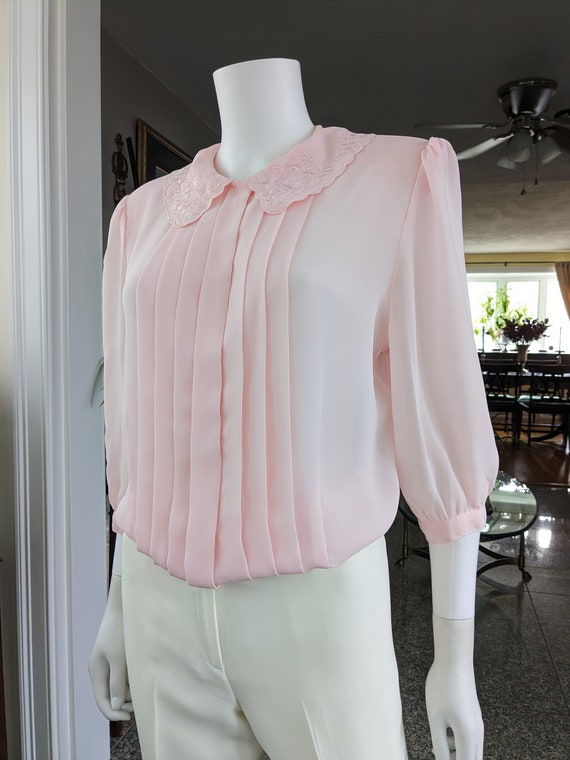 Vintage Pink Pleated Blouse, Medium / Sheer Crepe… - image 7