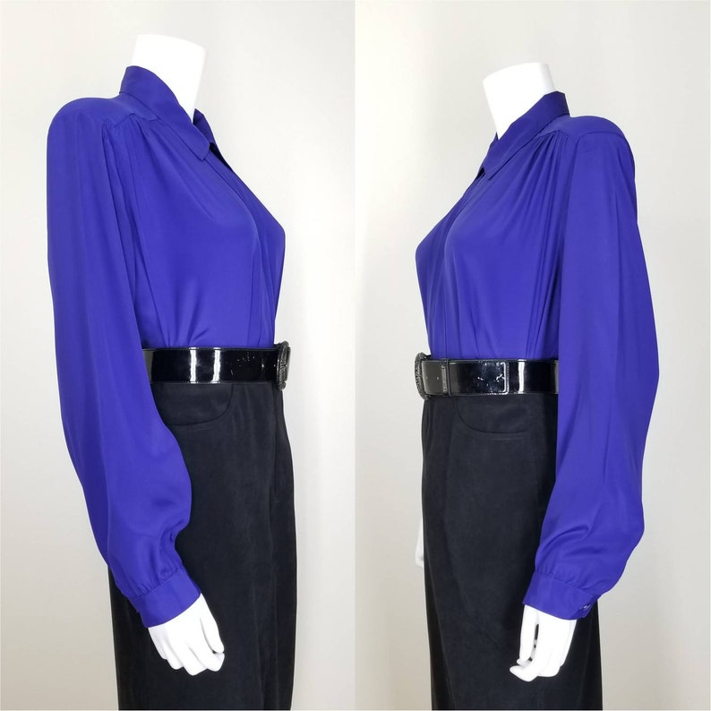 Vintage Cocktail Blouse, Large / Royal Purple Button Blouse with Pleated Shoulders / 1980s Long Sleeve Jewel Tone Dress Top image 7