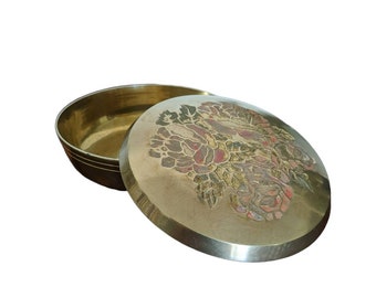 Vintage Brass Trinket Dish Jar / Round Brass Powder Jar with Floral Engraved Lid / Mid Century Polished Solid Brass Covered Jar