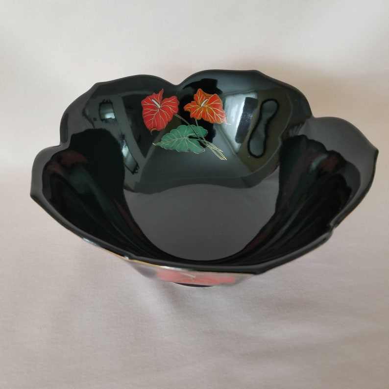 Vintage Decorative Bowl / Black Floral Bowl / Red Anthurium Console Bowl / Ceramic Bowl / Catch All Dish Jewelry Dish / Retro 80s Home Decor image 8