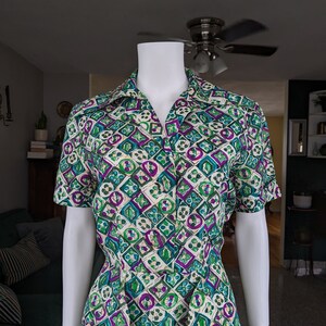 Vintage 50s Shirt Dress, Large, Jewel Tone Geometric Abstract Print Dress with Dagger Collar and Peplum Pockets image 3