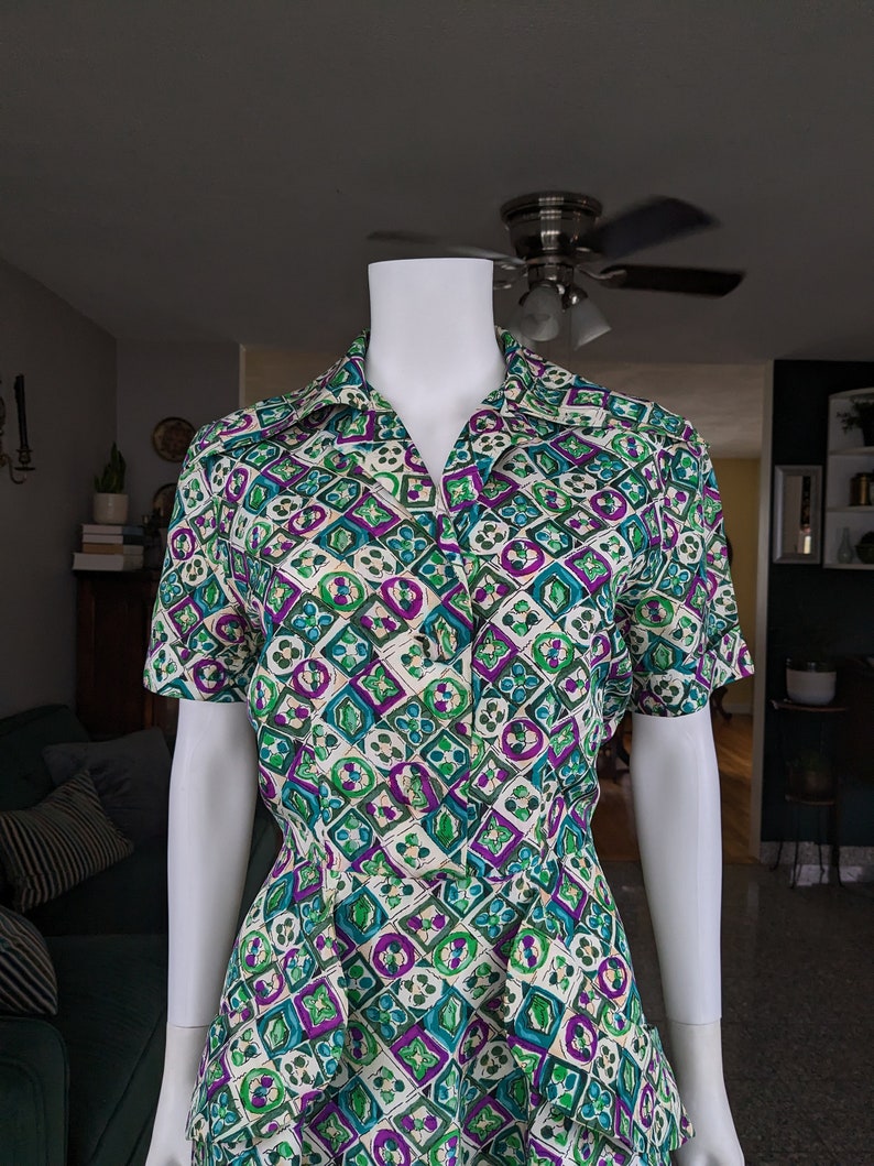 Vintage 50s Shirt Dress, Large, Jewel Tone Geometric Abstract Print Dress with Dagger Collar and Peplum Pockets image 3