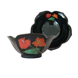 Vintage Decorative Bowl / Black Floral Bowl / Red Anthurium Console Bowl / Ceramic Bowl / Catch All Dish Jewelry Dish / Retro 80s Home Decor image 1