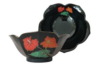 Vintage Decorative Bowl / Black Floral Bowl / Red Anthurium Console Bowl / Ceramic Bowl / Catch All Dish Jewelry Dish / Retro 80s Home Decor