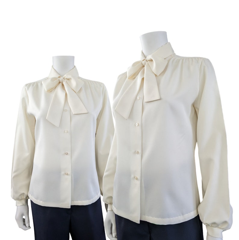 Vintage Pussy Bow Dress Blouse, Small / Cream White Cocktail Blouse / 1970s Mod Button Blouse with Tie Collar image 1