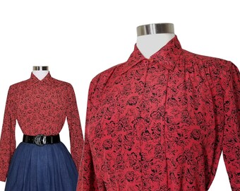 Vintage Red Floral Blouse, Medium / Black Rose Print Button Blouse / 1940s Style Pleated Cocktail Blouse