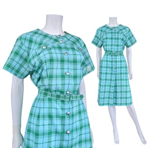 Vintage 1960s Plaid Shift Dress, Extra Large, Volup Green & Aqua Belted Shirt Dress with Pockets imagem 1