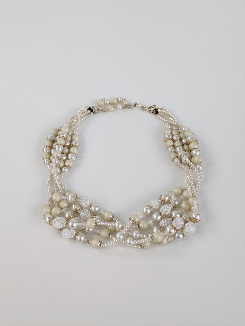 Vintage White Beaded Necklace, 1950s Multi Strand Faux Pearl Necklace image 6