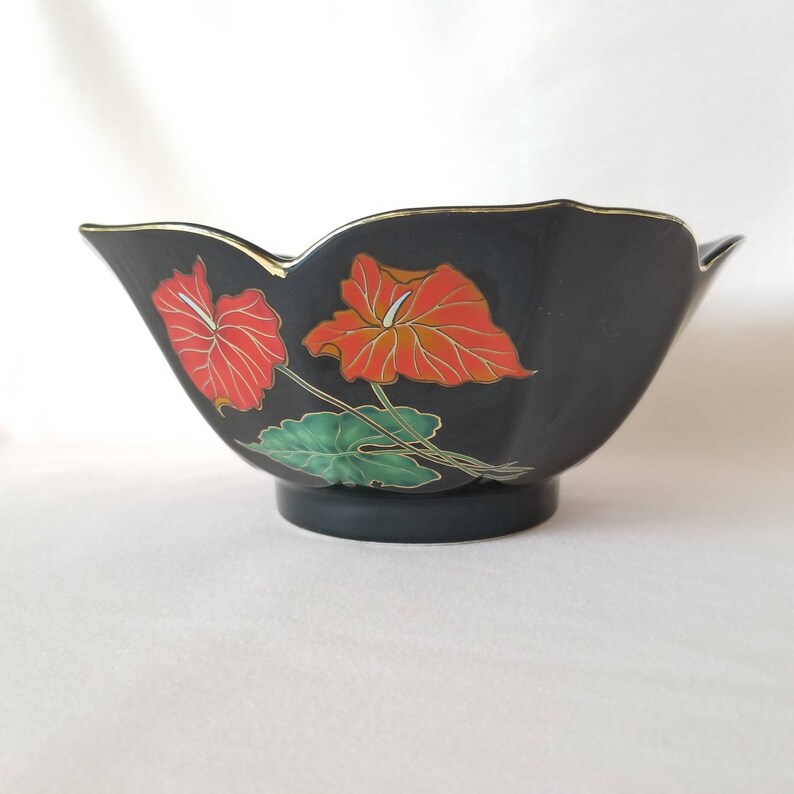 Vintage Decorative Bowl / Black Floral Bowl / Red Anthurium Console Bowl / Ceramic Bowl / Catch All Dish Jewelry Dish / Retro 80s Home Decor image 7