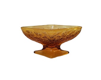Vintage Glass Pedestal Dish / Small Catch All Dish / Mid Century Brown Glass Footed Bowl / 1970s Floral Embossed Candy Dish