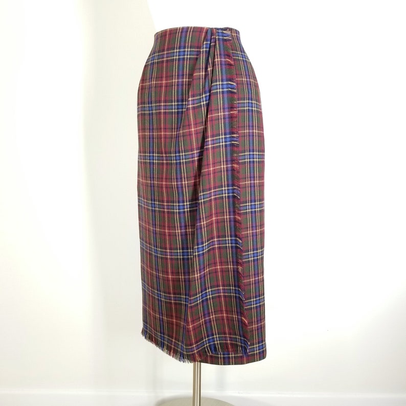 Vintage Plaid Skirt, Medium / Long Fringed Tartan Skirt / Faux Wrap Winter Skirt / Plaid Pinup Skirt / 1990s Straight Pencil Skirt image 3