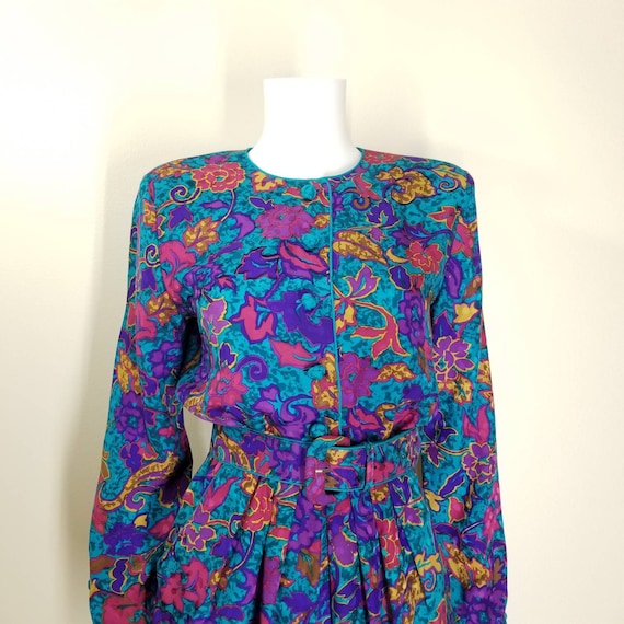 Vintage Floral Silk Cocktail Dress, Small / 1980s… - image 2