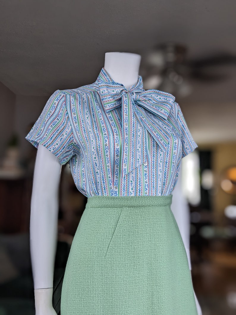 Vintage Bow Blouse, Small Medium, Blue Striped Pussy Bow Top, 1970s Short Sleeve Tie Collared Blouse image 7