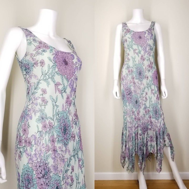 1990s Beaded Floral Sheath Dress Medium Art Nouveau Lavender Mint Slip Dress Long Flowered Mermaid Dress Summer Maxi Cocktail Dress