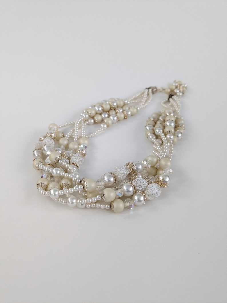 Vintage White Beaded Necklace, 1950s Multi Strand Faux Pearl Necklace image 7