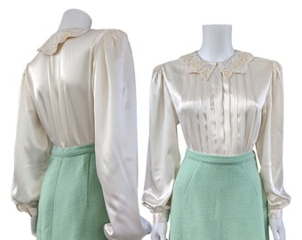 Vintage Pleated Satin Blouse, Small / Beaded Collar Cocktail Blouse / Beige 1980s Button Blouse / Silky Dress Blouse