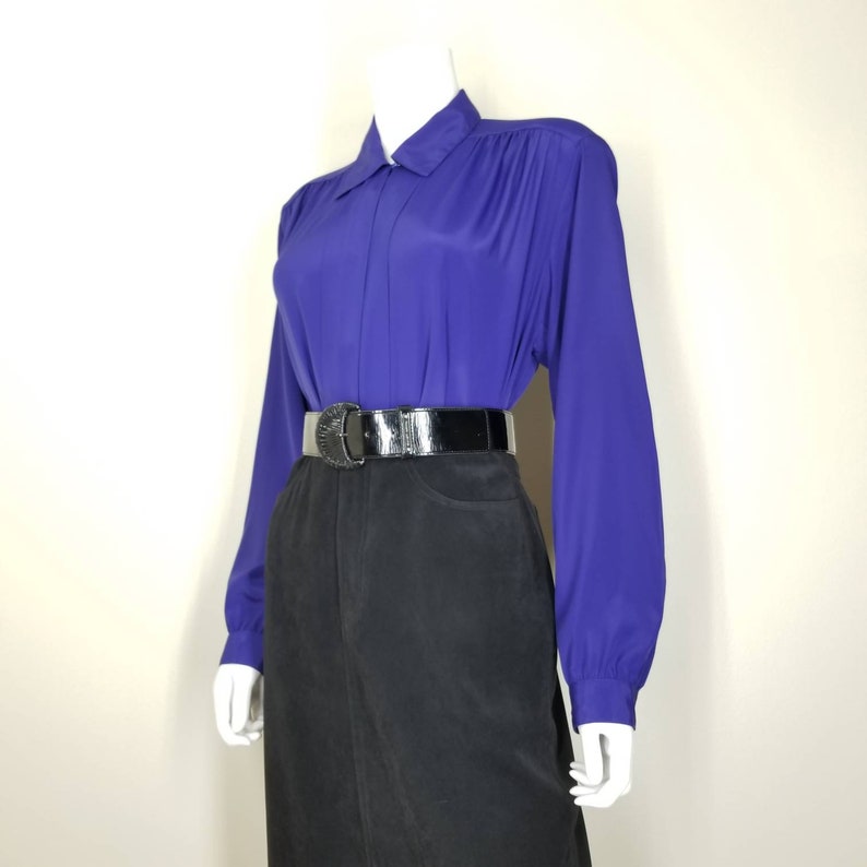 Vintage Cocktail Blouse, Large / Royal Purple Button Blouse with Pleated Shoulders / 1980s Long Sleeve Jewel Tone Dress Top image 8