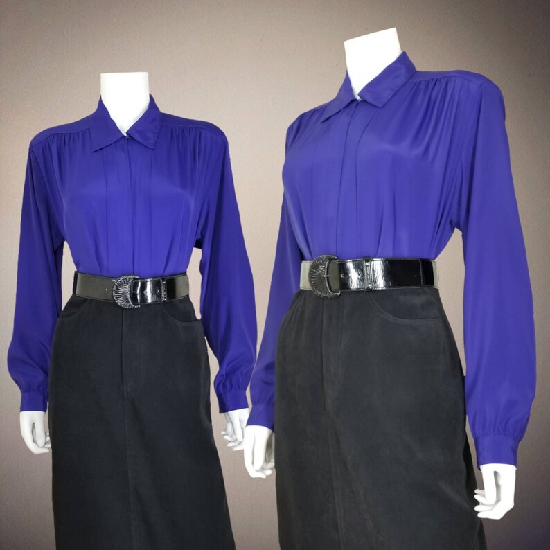 Vintage Cocktail Blouse, Large / Royal Purple Button Blouse with Pleated Shoulders / 1980s Long Sleeve Jewel Tone Dress Top image 2