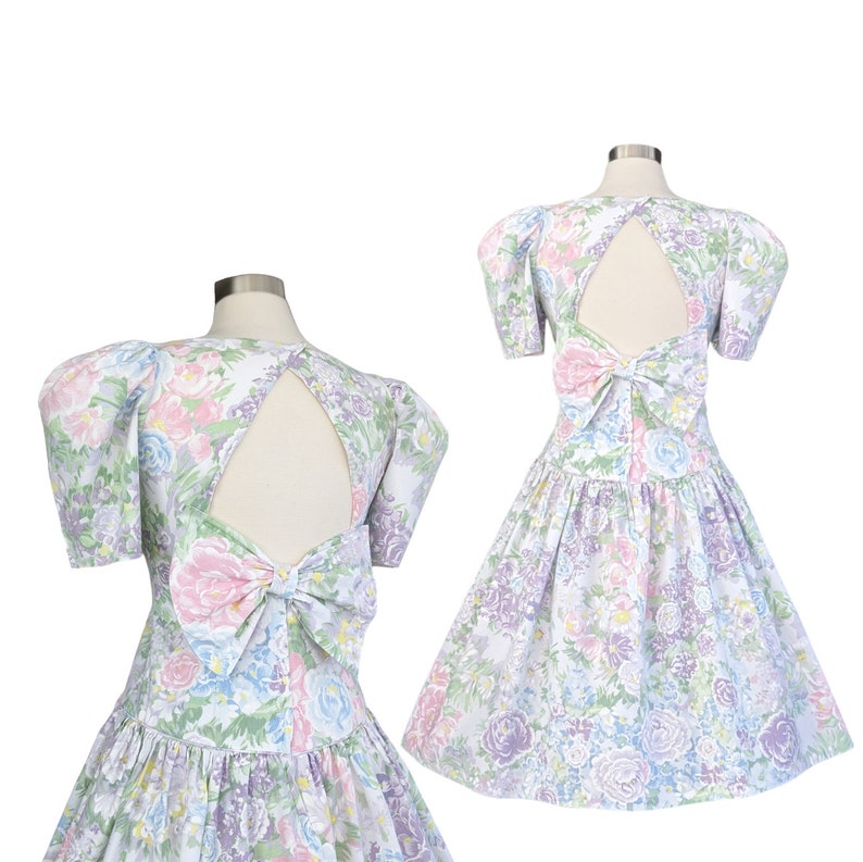 Vintage Pastel Floral Dress, 1980s Puffy Sleeve Cotton Gown, Drop Waist Party Dress image 8