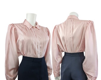 Vintage Pleated Blouse, Large / Silky Pink Button Blouse / Jacquard Stripe Cocktail Blouse / 1980s Wide Sleeve Dress Shirt