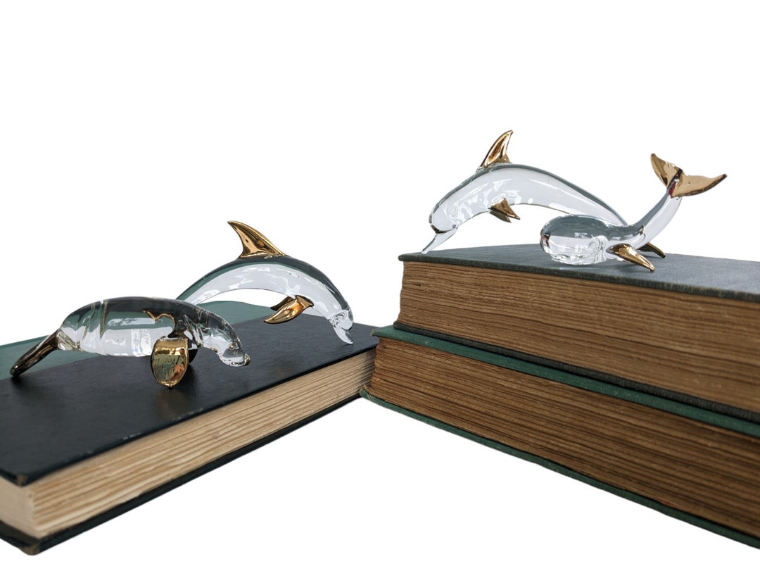 Vintage Art Glass Dolphin Figurines / Set of Four Clear Glass Sea Animal Ornaments With Gold