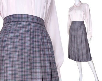 Vintage Pleated Wool Skirt, Small, Tartan Plaid School Girl Skirt, Topstitch Pleated Turnabout Skirt