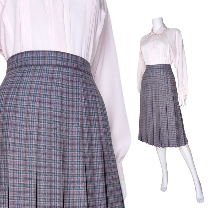 Vintage Pleated Wool Skirt, Small, Tartan Plaid School Girl Skirt, Topstitch Pleated Turnabout Skirt image 1