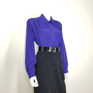 Vintage Cocktail Blouse, Large / Royal Purple Button Blouse with Pleated Shoulders / 1980s Long Sleeve Jewel Tone Dress Top image 5