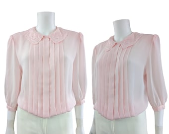 Vintage Pink Pleated Blouse, Medium / Sheer Crepe 1980s Puffy Sleeve Dress Blouse with Embroidered Scallop Edge Collar