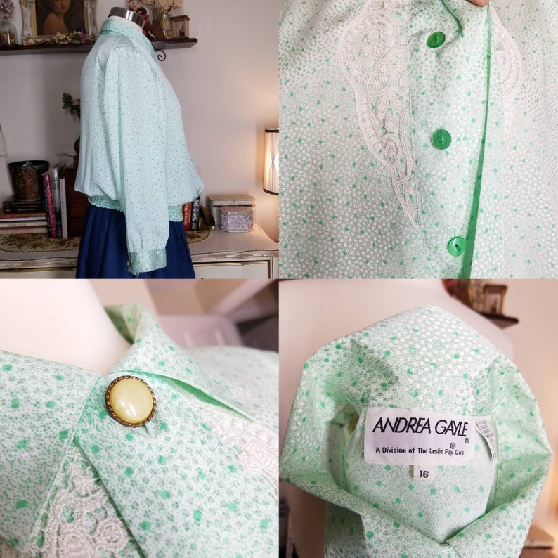 Vintage Silky Blouson Blouse, Extra Large / Green Satin Button Blouse / Wide Sleeve Collared Dress Blouse / Retro 80s St Patricks Day Shirt image 5