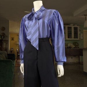 Vintage Tie Collar Cocktail Blouse, Large / Silky Purple Wide Sleeve Button Blouse / 1980s Striped Pussy Bow Dress Shirt image 6