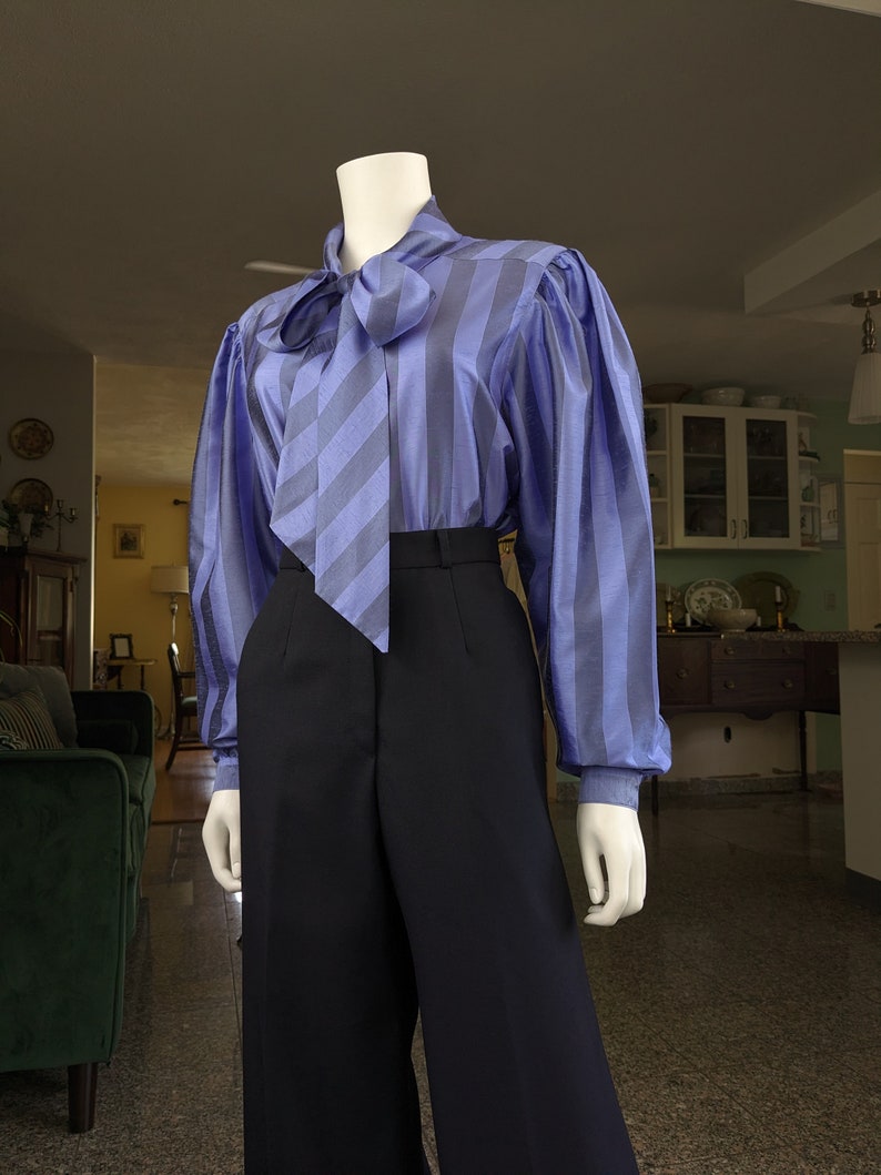 Vintage Tie Collar Cocktail Blouse, Large / Silky Purple Wide Sleeve Button Blouse / 1980s Striped Pussy Bow Dress Shirt image 6