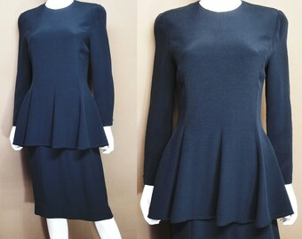 Vintage Black Dress, Small / Black Peplum Wiggle Dress / Nipon Boutique / Long Sleeve Cocktail Dress / Vintage 80s LBD Formal Pencil Dress