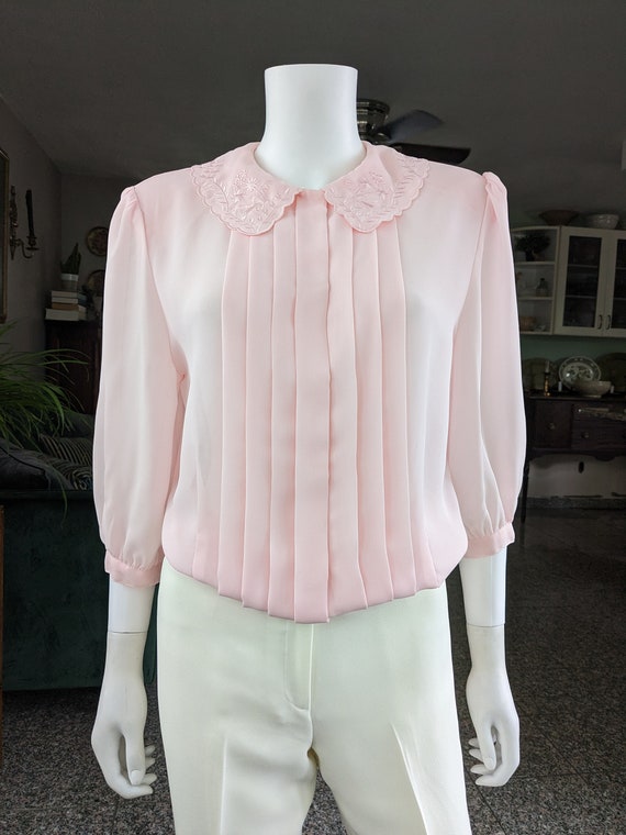 Vintage Pink Pleated Blouse, Medium / Sheer Crepe… - image 2