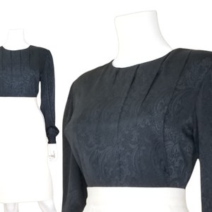 Vintage Pleated Black Blouse, Medium / 1940s Style Back Button Blouse / Silky Floral Jacquard Cocktail Blouse image 1