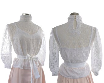 Vintage White Lace Blouse, Medium, Victorian Style High Neck Top with Keyhole Back