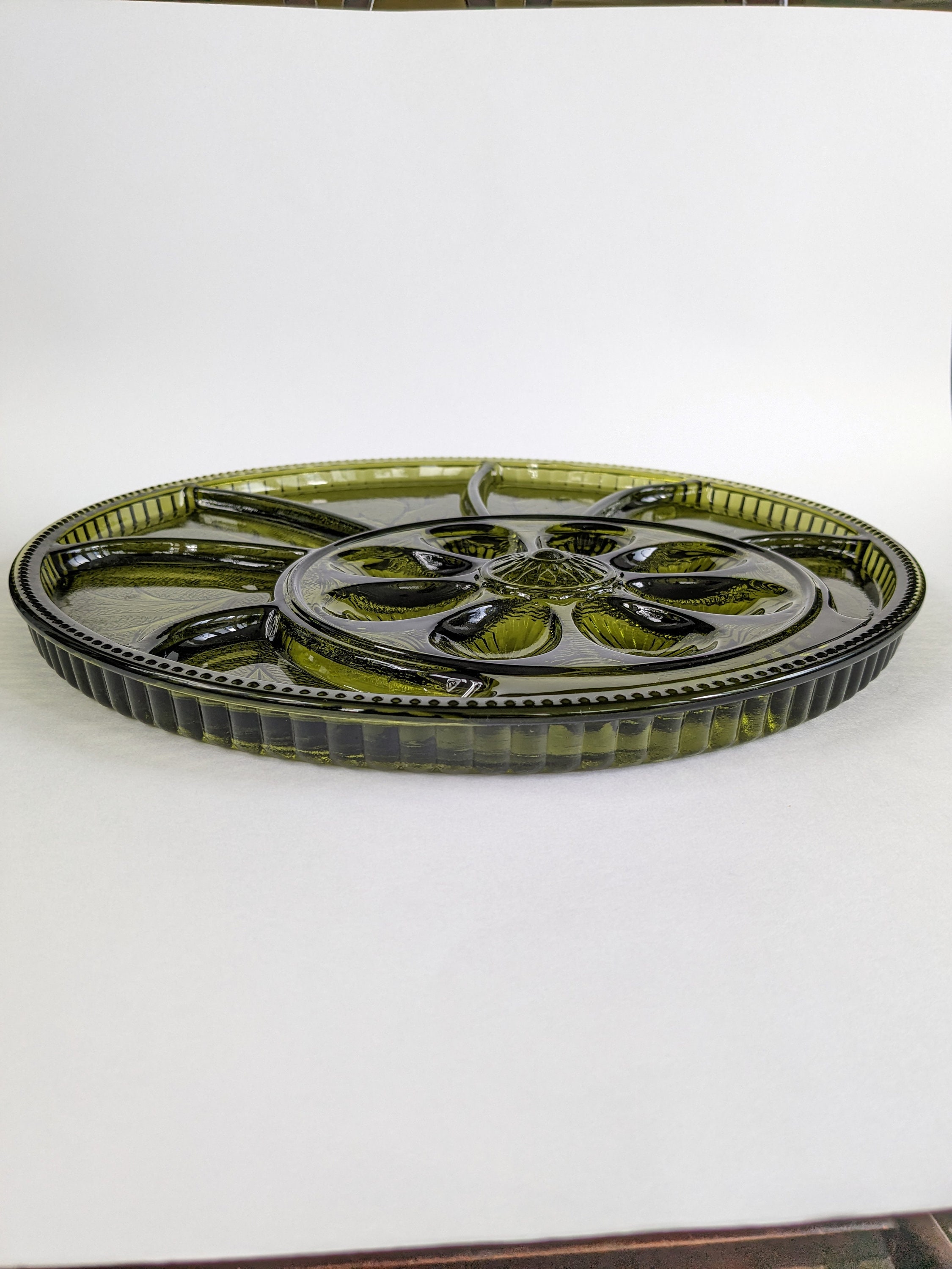 Vintage Green Glass Deviled Egg Tray / Round Mid Century Etsy
