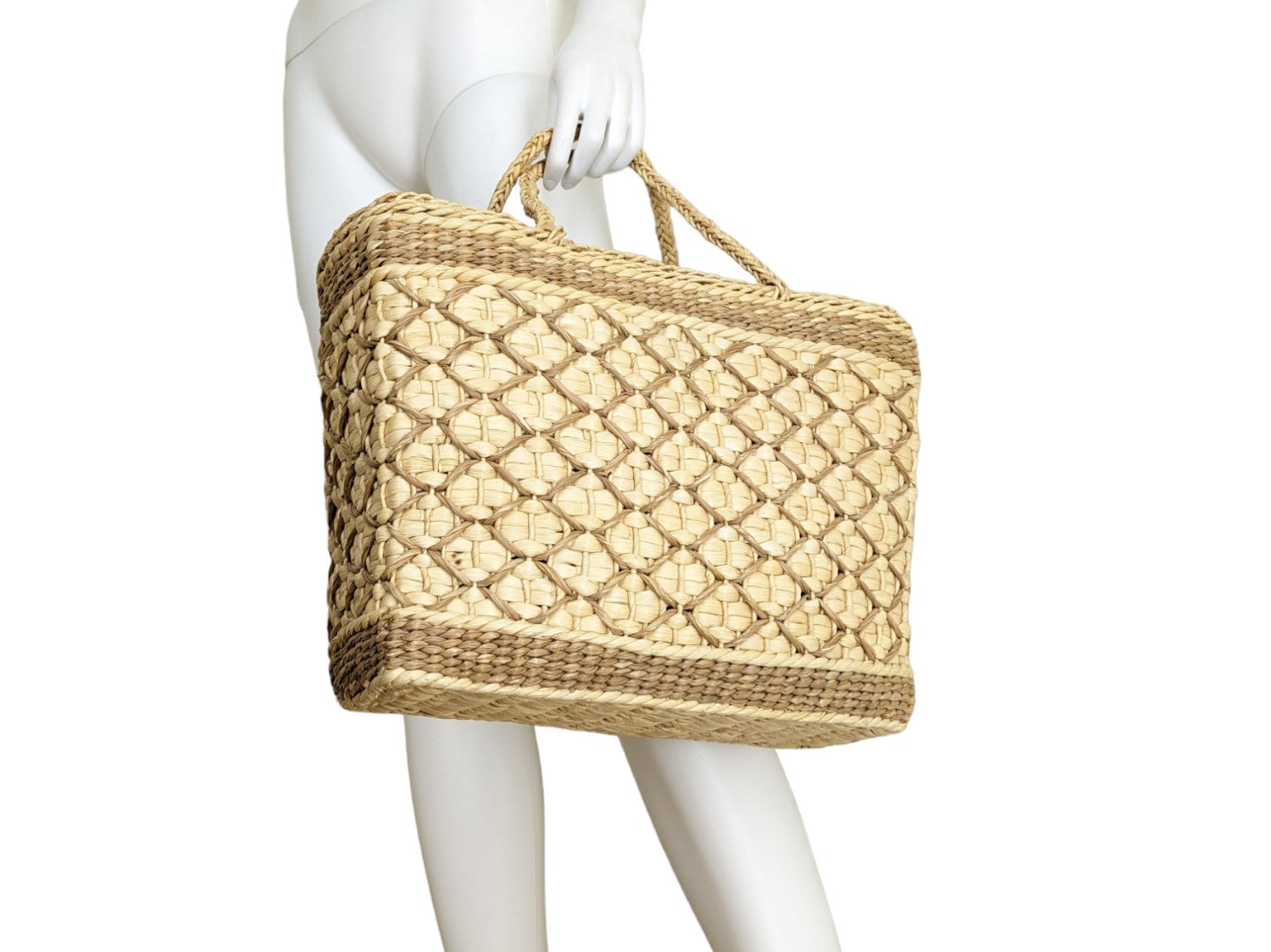 Women's Summer Straw Braided Basket Bag Open-top Petit Bucket Handbag Round  Handle Crystal Embellishment