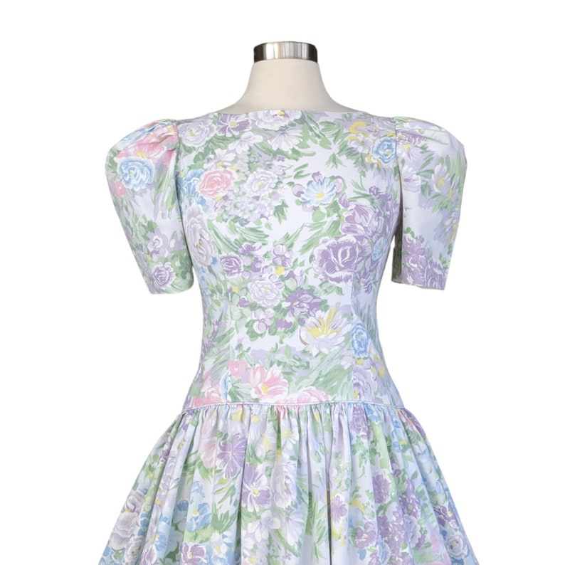 Vintage Pastel Floral Dress, 1980s Puffy Sleeve Cotton Gown, Drop Waist Party Dress image 2