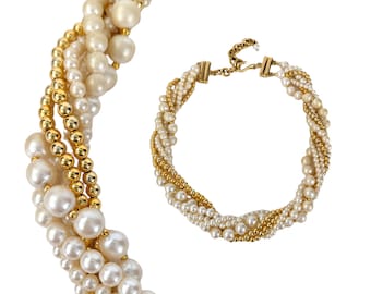 Vintage Faux Pearl Necklace, Triple Strand Twister Necklace with Gold Beads