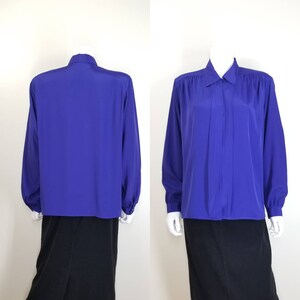Vintage Cocktail Blouse, Large / Royal Purple Button Blouse with Pleated Shoulders / 1980s Long Sleeve Jewel Tone Dress Top image 9