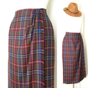 Vintage Plaid Skirt, Medium / Long Fringed Tartan Skirt / Faux Wrap Winter Skirt / Plaid Pinup Skirt / 1990s Straight Pencil Skirt image 2