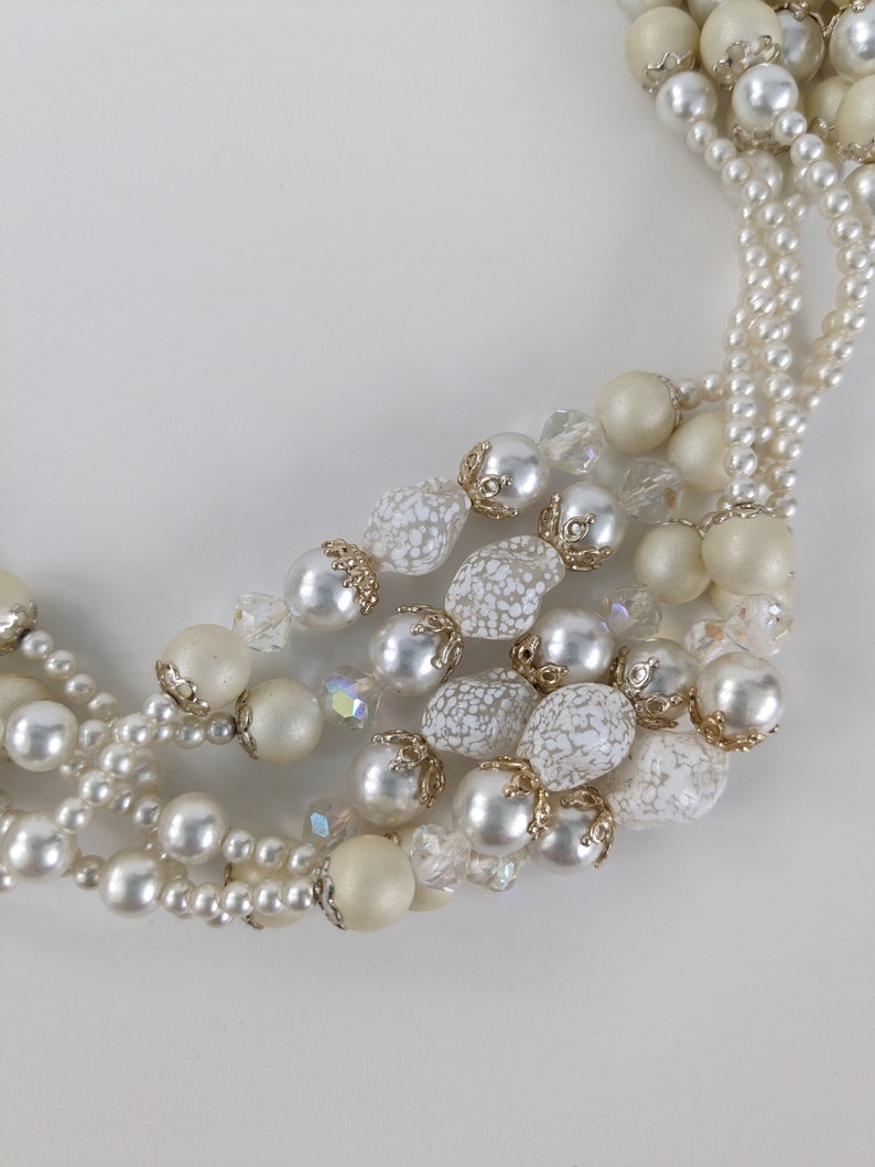 Vintage White Beaded Necklace, 1950s Multi Strand Faux Pearl Necklace image 3