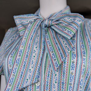 Vintage Bow Blouse, Small Medium, Blue Striped Pussy Bow Top, 1970s Short Sleeve Tie Collared Blouse image 5