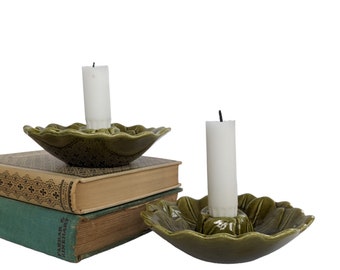 Vintage Green Candlestick Holders / 1970s American Majolica Grape Leaf Taper Candle Holders