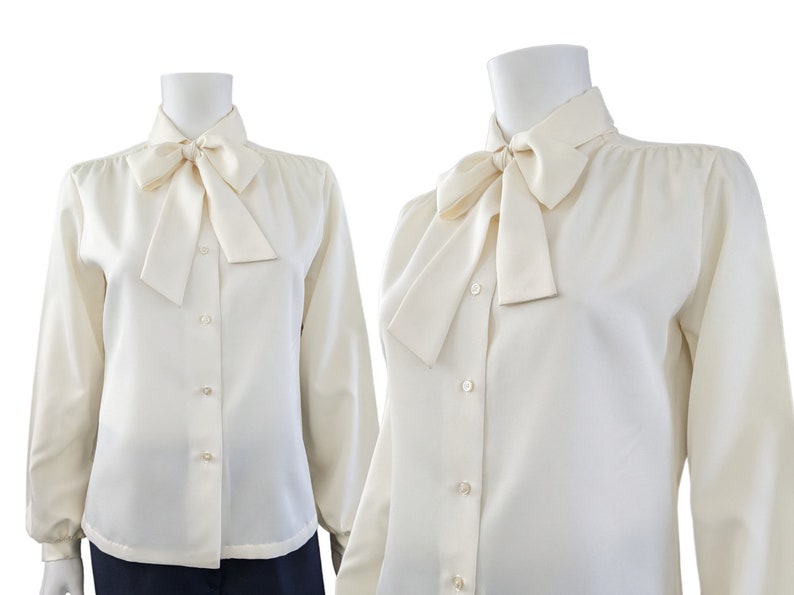 Vintage Pussy Bow Dress Blouse, Small / Cream White Cocktail Blouse / 1970s Mod Button Blouse with Tie Collar image 10