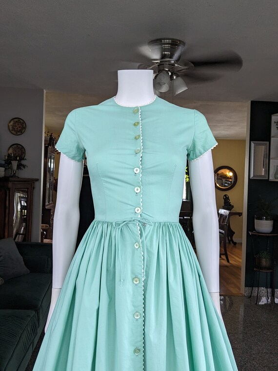 Vintage 1960s Fit and Flare Dress, Pastel Green Cotto… - Gem