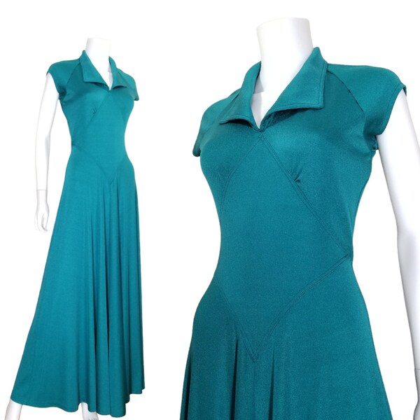 Vintage Flared Maxi Dress, Medium / Jersey Knit Hostess Dress / 1970s Disco Club Dance Dress