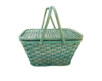 Vintage Picnic Basket / 40s Green Wicker Basket / Woven Rattan Splint Basket / Antique Green Double Handle Basket / Large Hinged Lid Basket